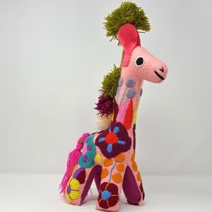 Handmade Folk Art Giraffe Plush Floral Embroidered Boho Mexico Textile Doll